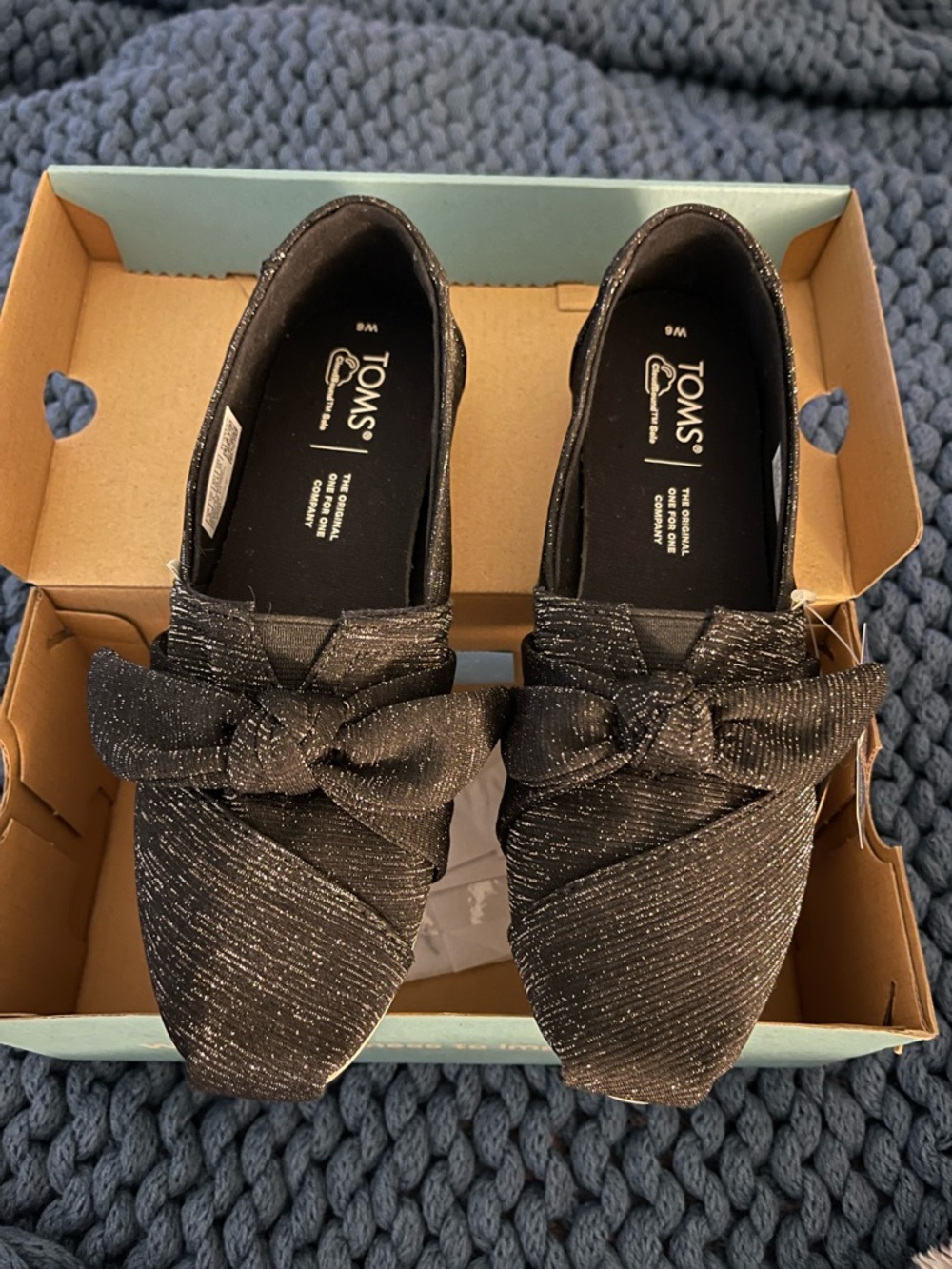 TOMS Black Glimmer Bow Slip-On Flats